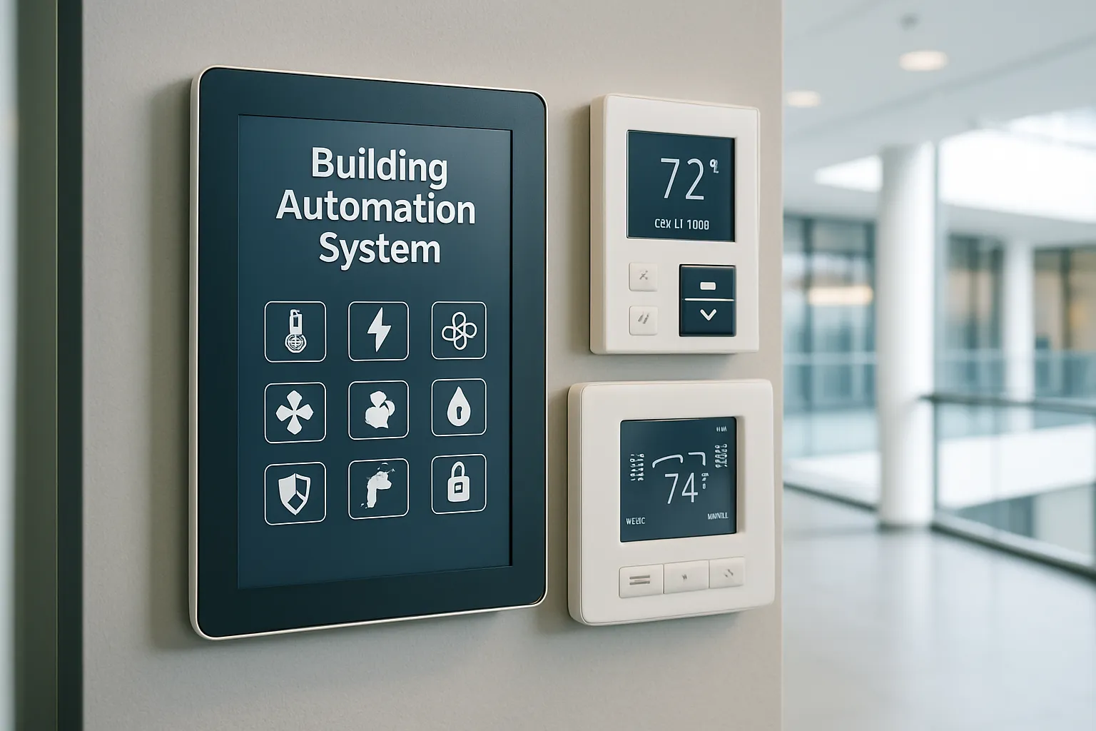 a building automation system control panel and smart HVAC controls in a modern commercial building — commercial HVAC