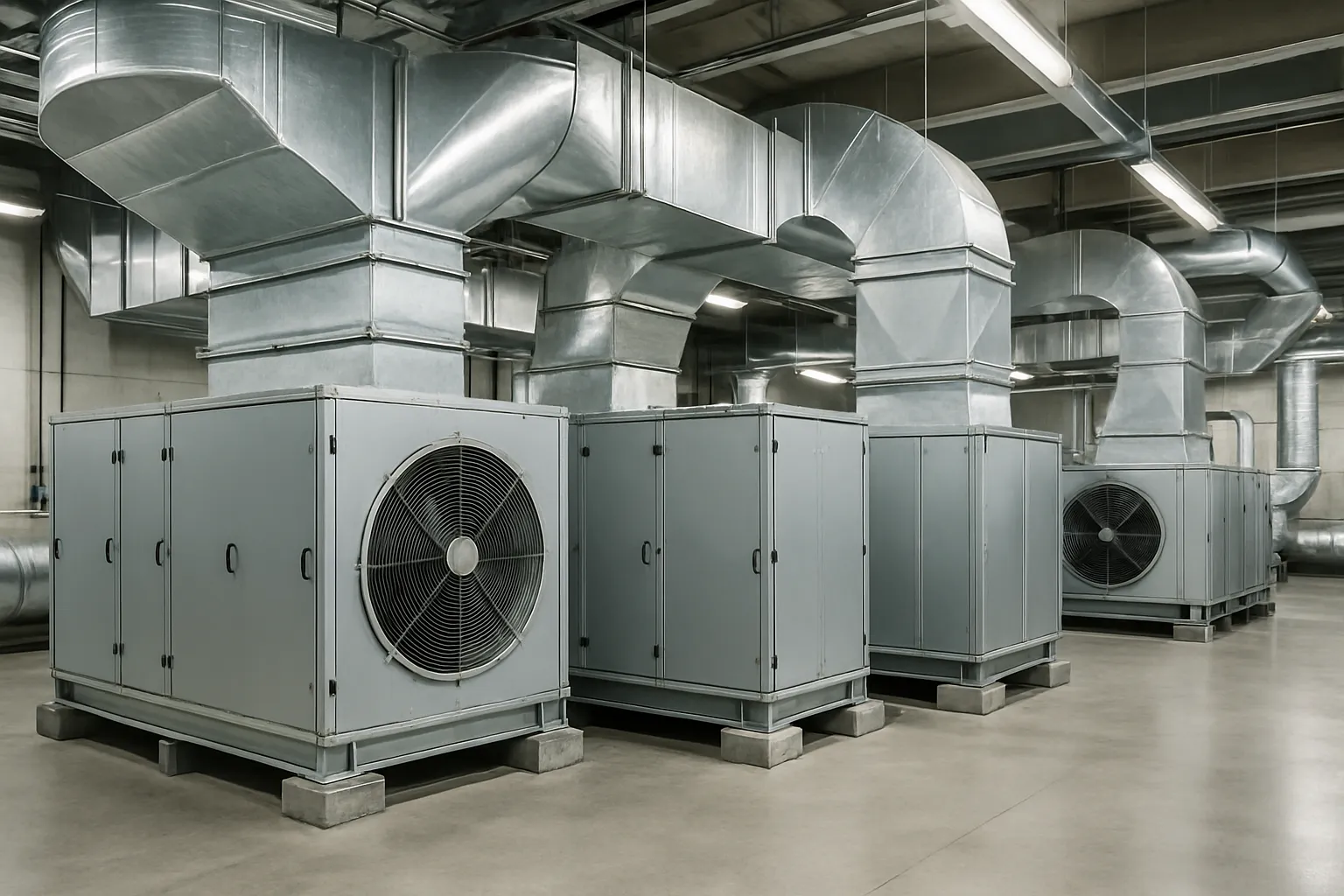 large commercial air handling units and sheet-metal ductwork in a mechanical penthouse — commercial HVAC