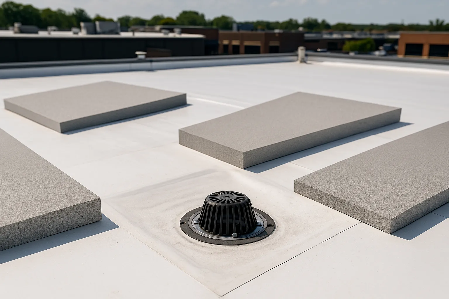 tapered insulation boards and a roof drain being installed on a flat commercial roof deck — commercial roofing