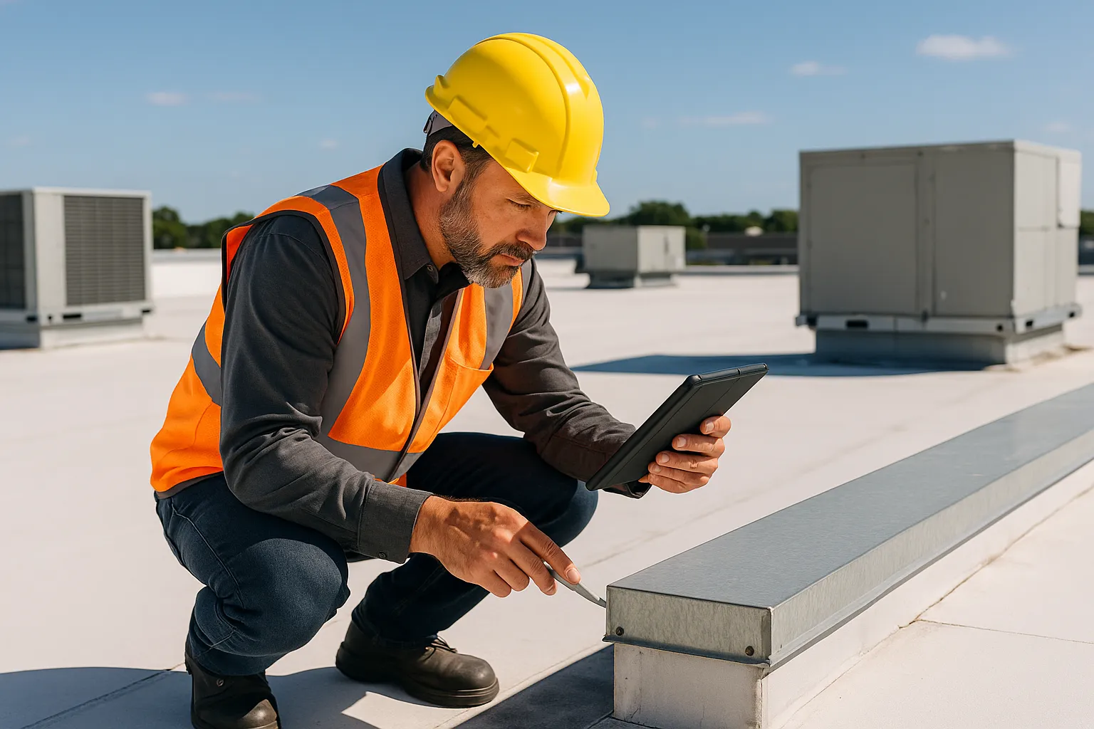a commercial roof inspector documenting flashing and seam condition with a tablet on a rooftop — commercial roofing