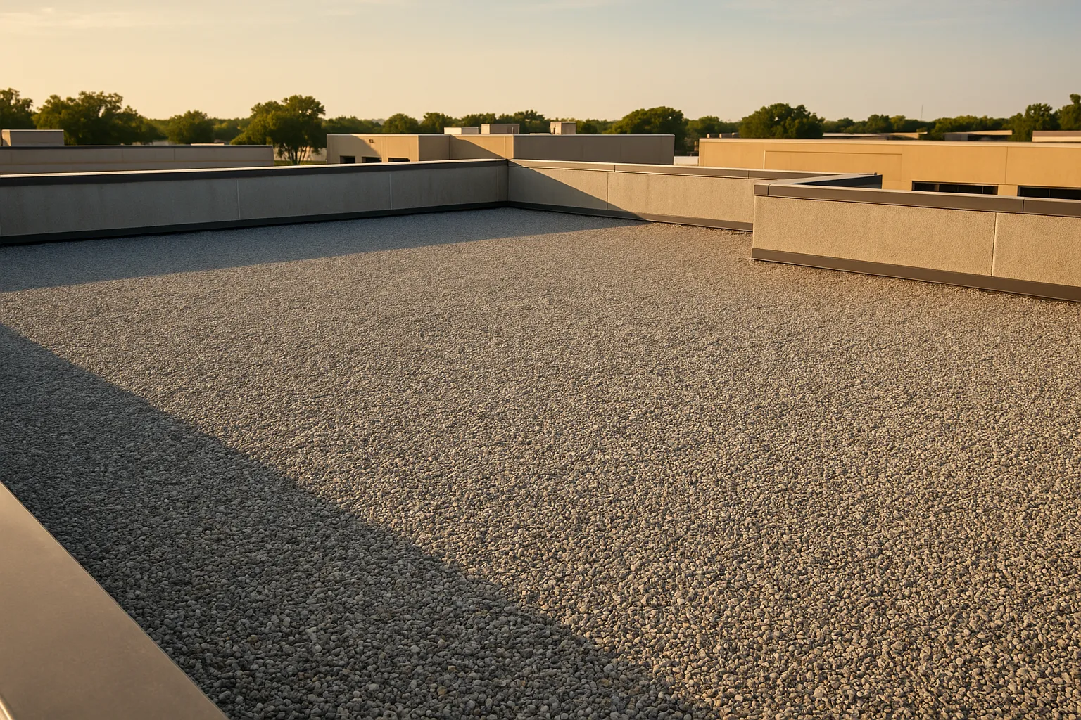 a built-up (BUR) gravel roof surface on a commercial building with parapet walls, late afternoon light — commercial roofing