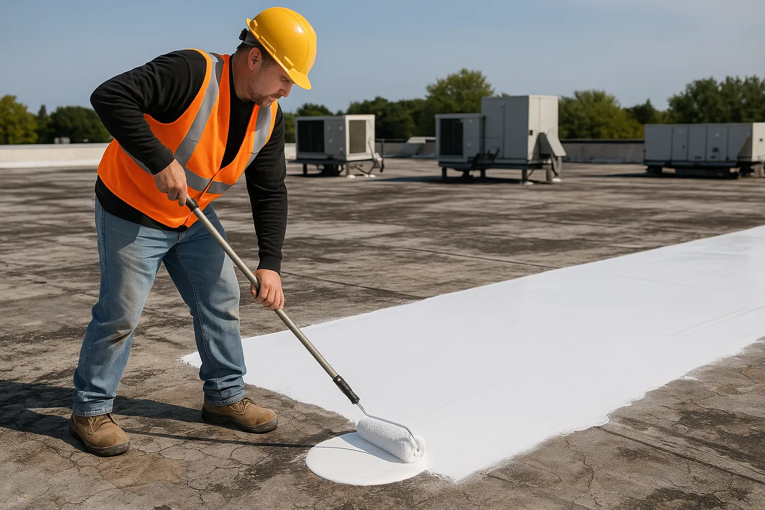 a roofer applying reflective silicone roof coating with a roller on an aging commercial membrane roof — commercial roofing