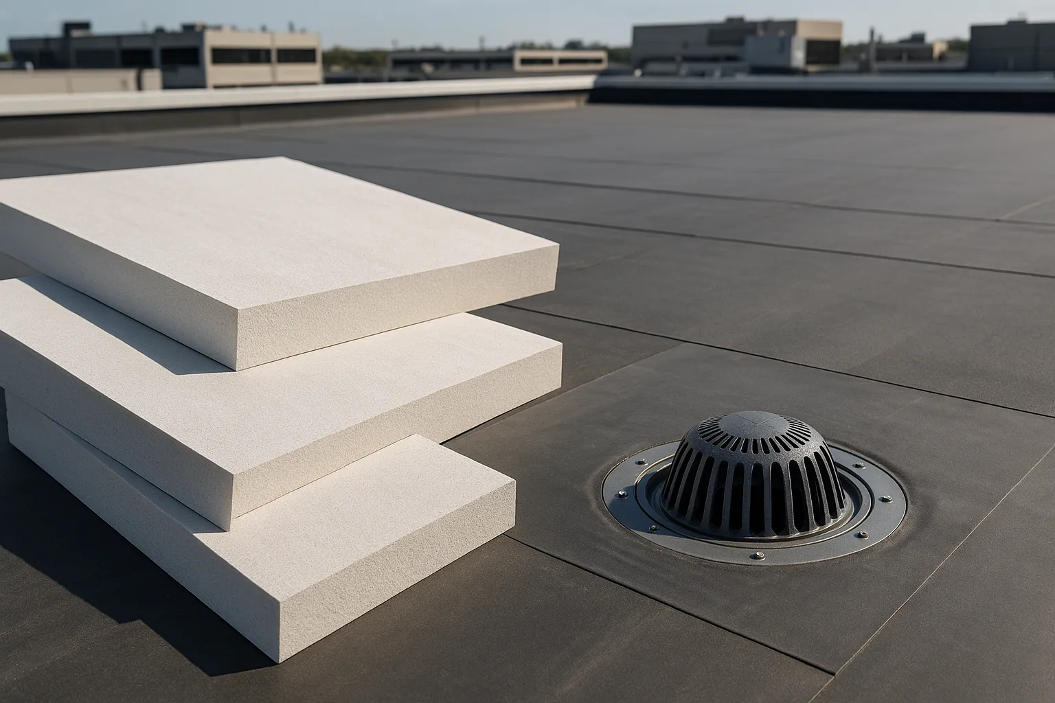tapered insulation boards and a roof drain being installed on a flat commercial roof deck — commercial roofing