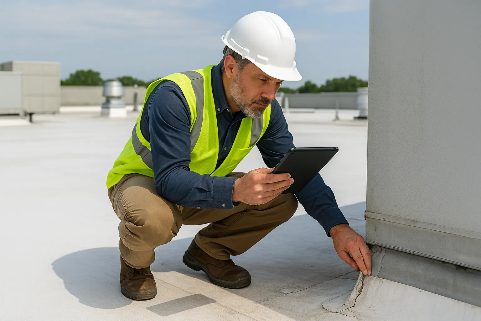 a commercial roof inspector documenting flashing and seam condition with a tablet on a rooftop — commercial roofing