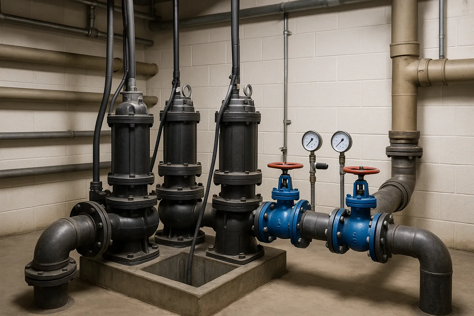 an industrial sewage lift station with pumps, valves, and pressure gauges in a utility room — commercial plumbing