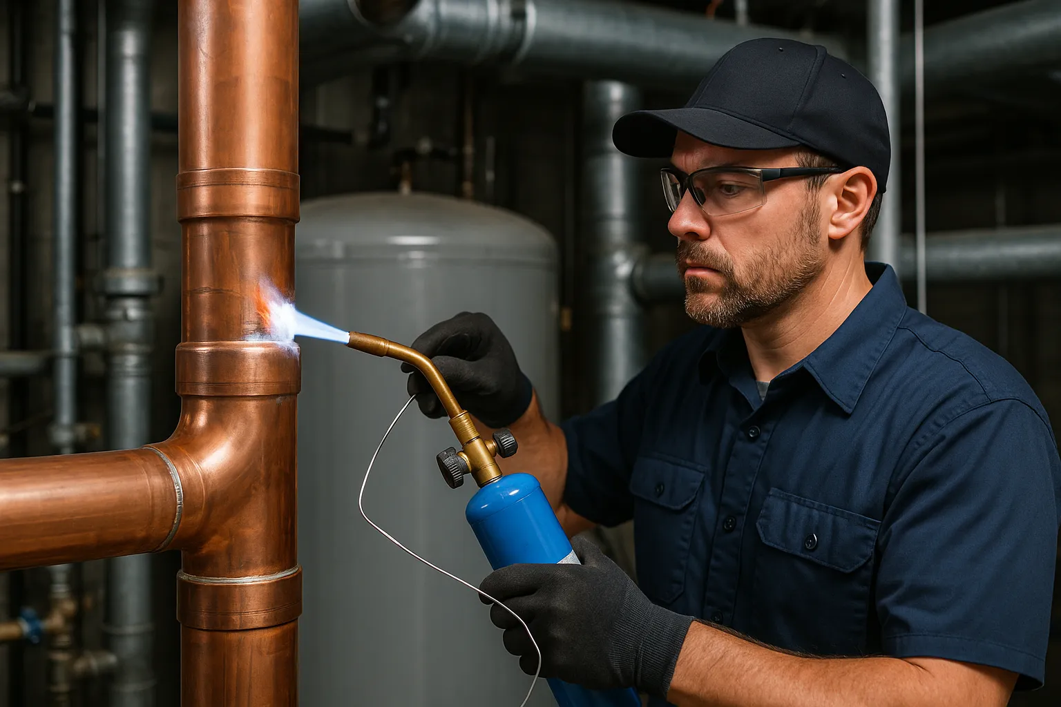 a plumber soldering large-diameter copper pipe on a commercial water riser — commercial plumbing