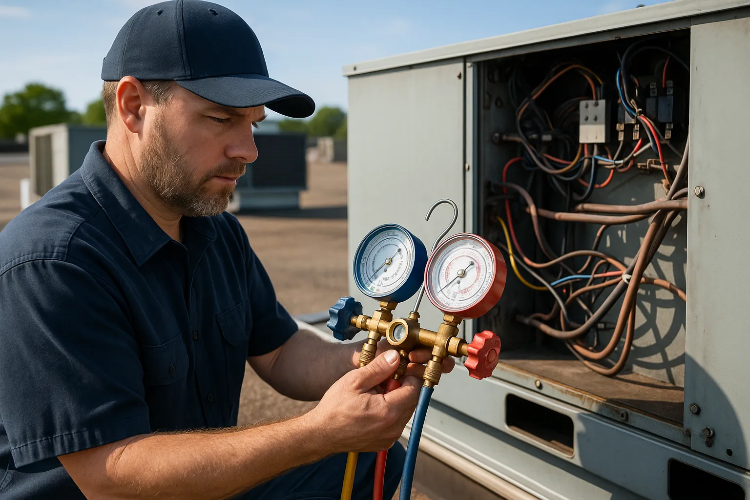 a technician using refrigerant gauges to service a commercial rooftop unit — commercial HVAC