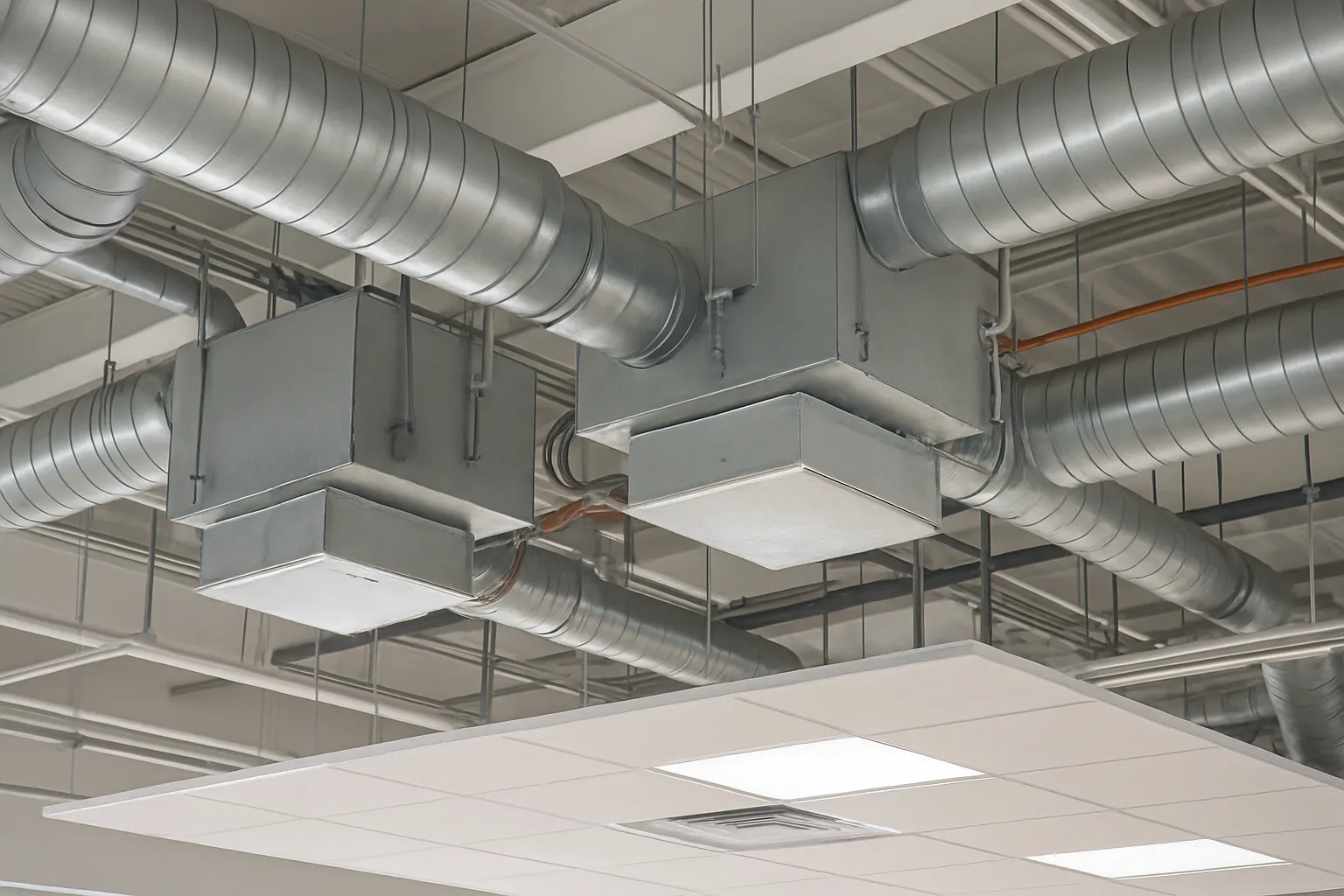 ceiling-mounted ductwork and VAV boxes above an open commercial office ceiling — commercial HVAC