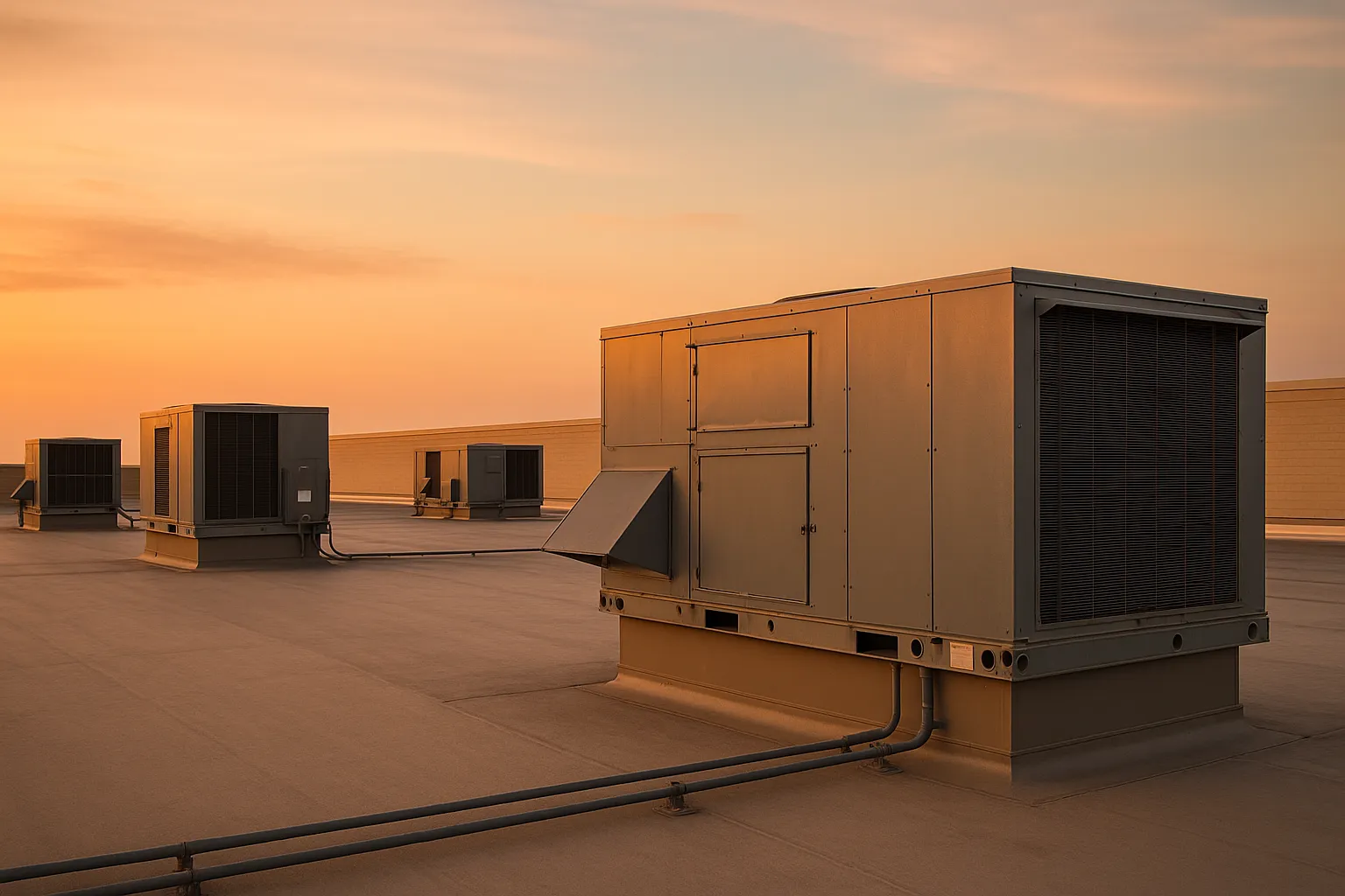 rooftop HVAC units on a big-box retail store at dusk with warm sky — commercial HVAC