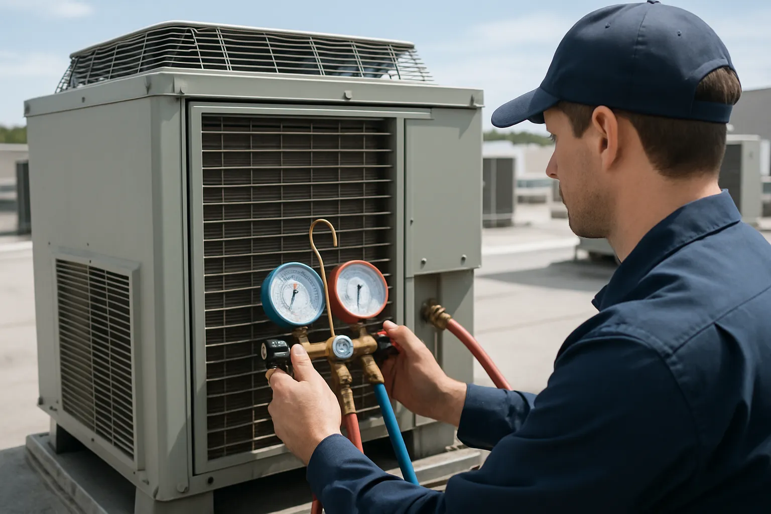 a technician using refrigerant gauges to service a commercial rooftop unit — commercial HVAC