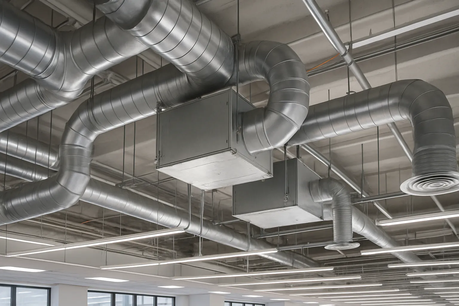 ceiling-mounted ductwork and VAV boxes above an open commercial office ceiling — commercial HVAC