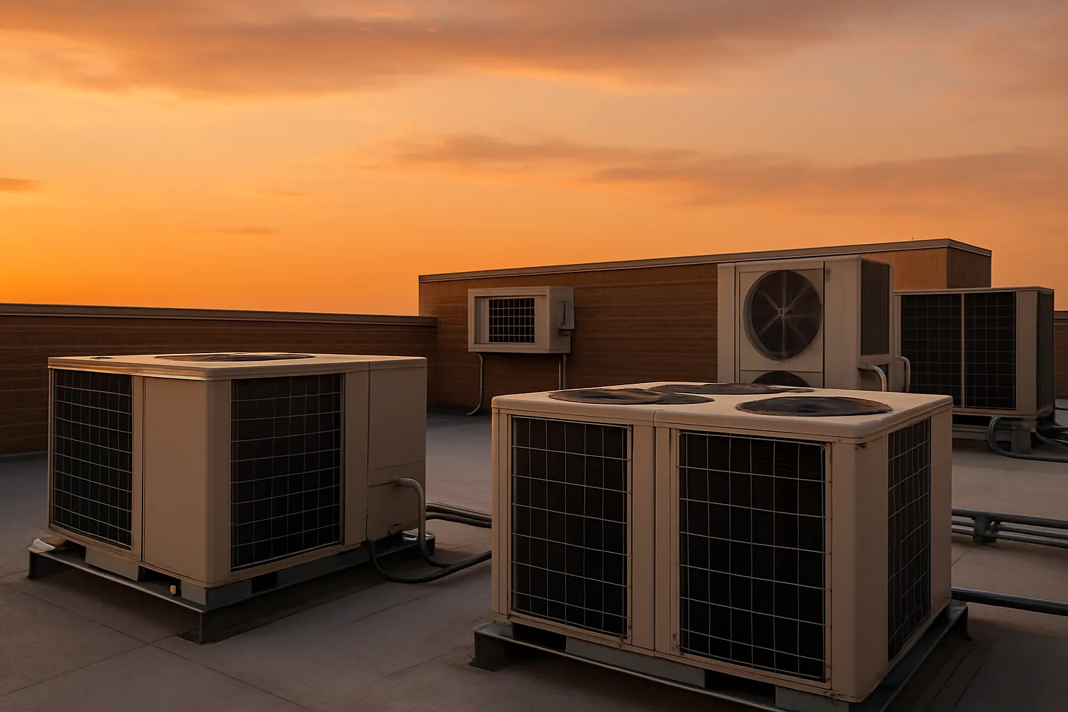 rooftop HVAC units on a big-box retail store at dusk with warm sky — commercial HVAC