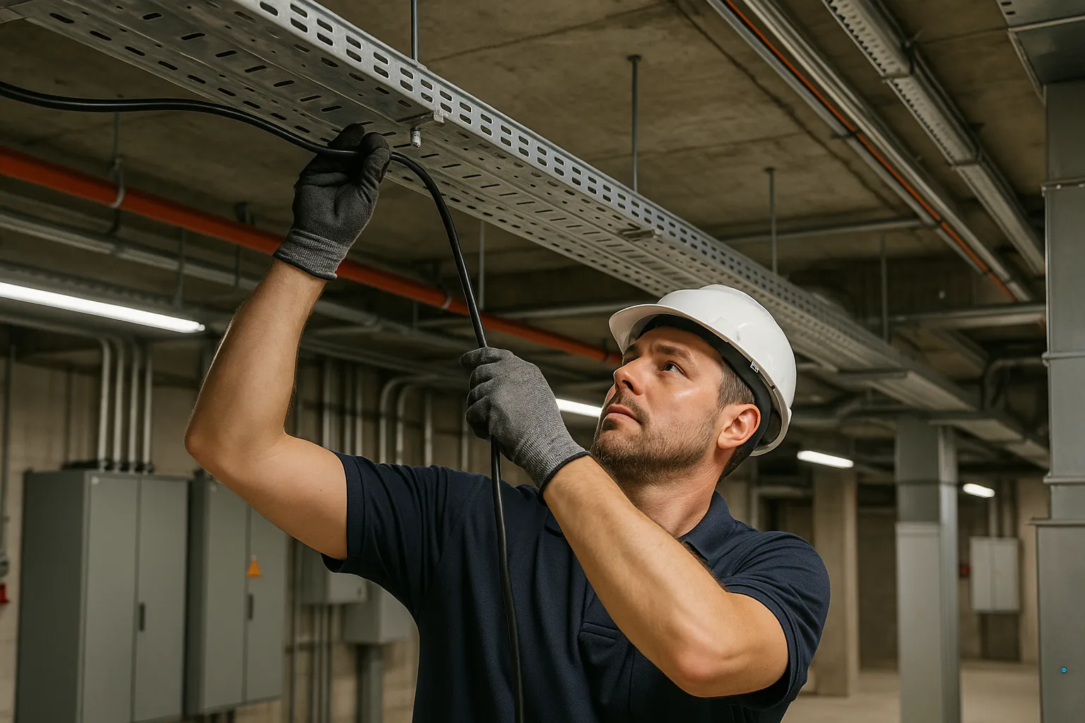 an electrician pulling wire through overhead cable tray in a commercial building — commercial electrical