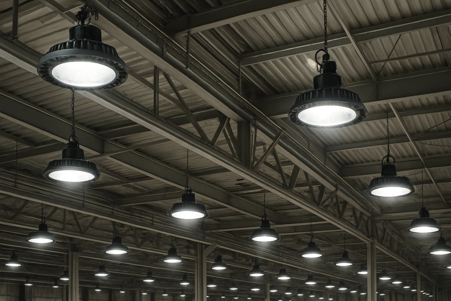 a bank of commercial LED high-bay light fixtures across a warehouse ceiling — commercial electrical