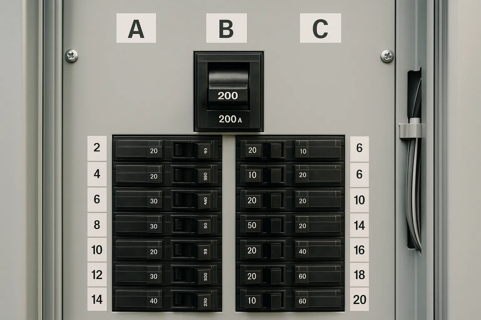 a close-up of a labeled three-phase 200-amp electrical panel with breakers — commercial electrical