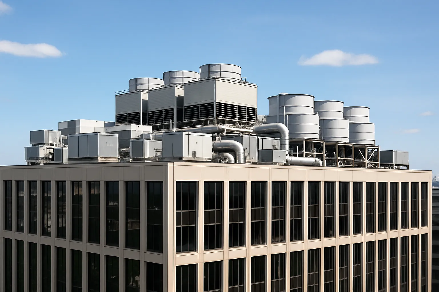 a commercial office tower exterior with visible rooftop HVAC equipment, daytime — commercial HVAC