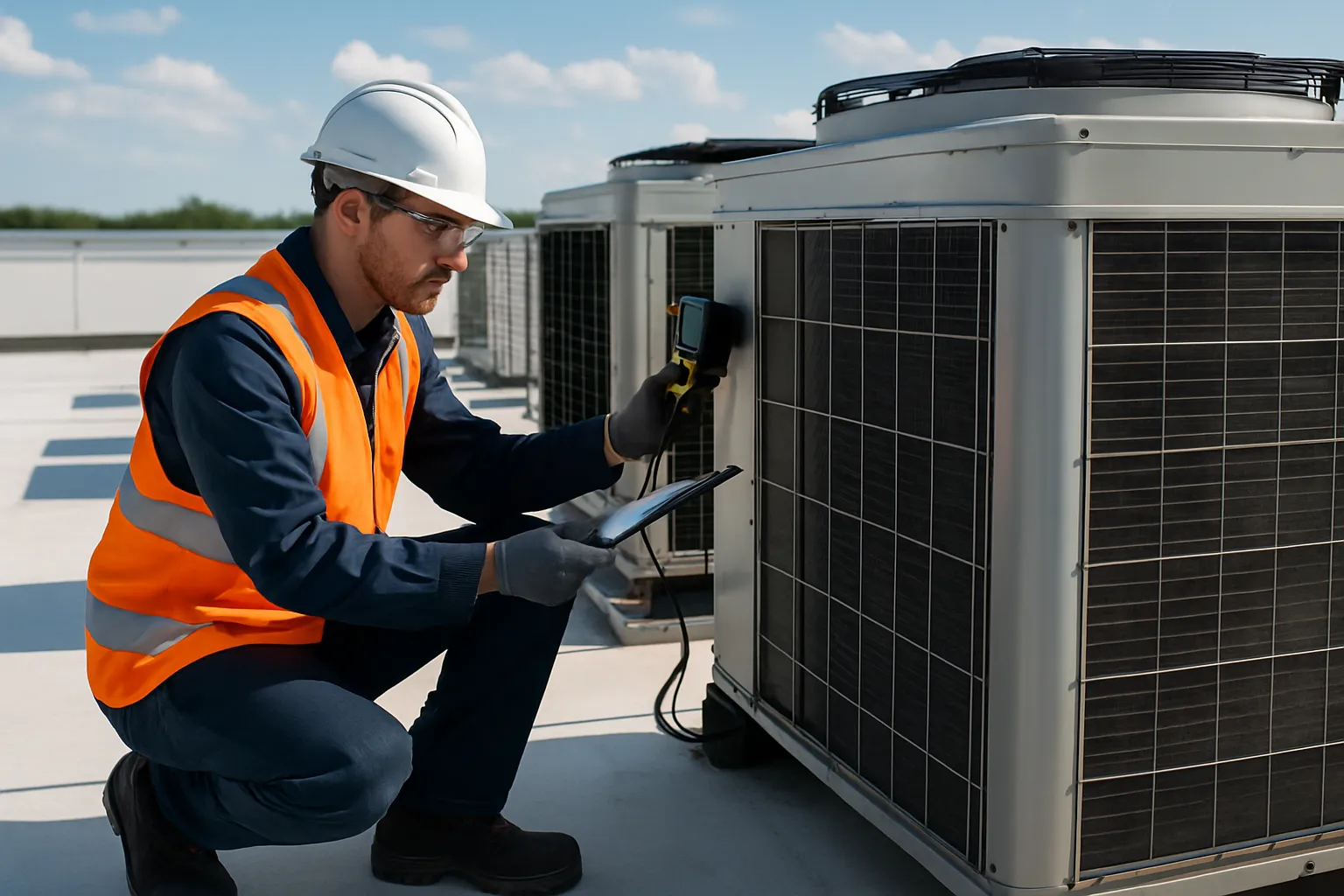 a commercial HVAC service technician in PPE inspecting rooftop condenser units — commercial HVAC