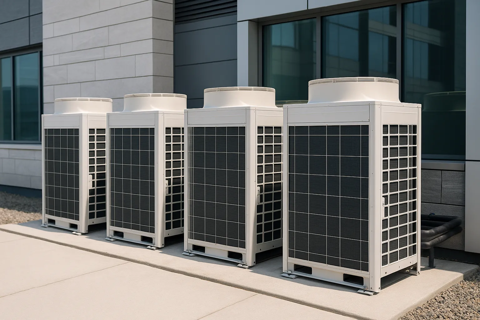 a bank of outdoor VRF/VRV condensing units mounted beside a modern commercial building — commercial HVAC