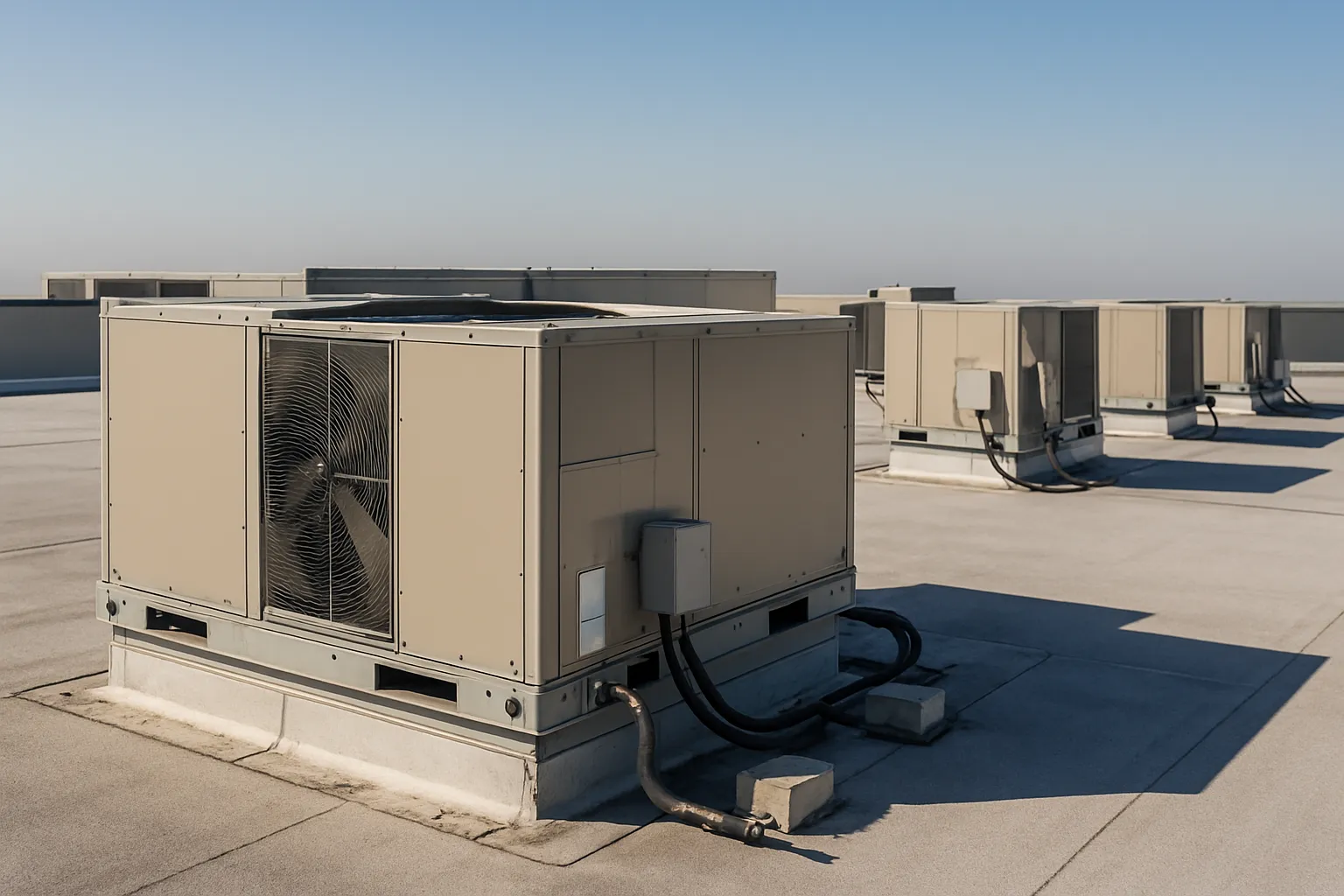 a row of rooftop packaged HVAC units (RTUs) on a flat commercial building roof under a clear sky — commercial HVAC