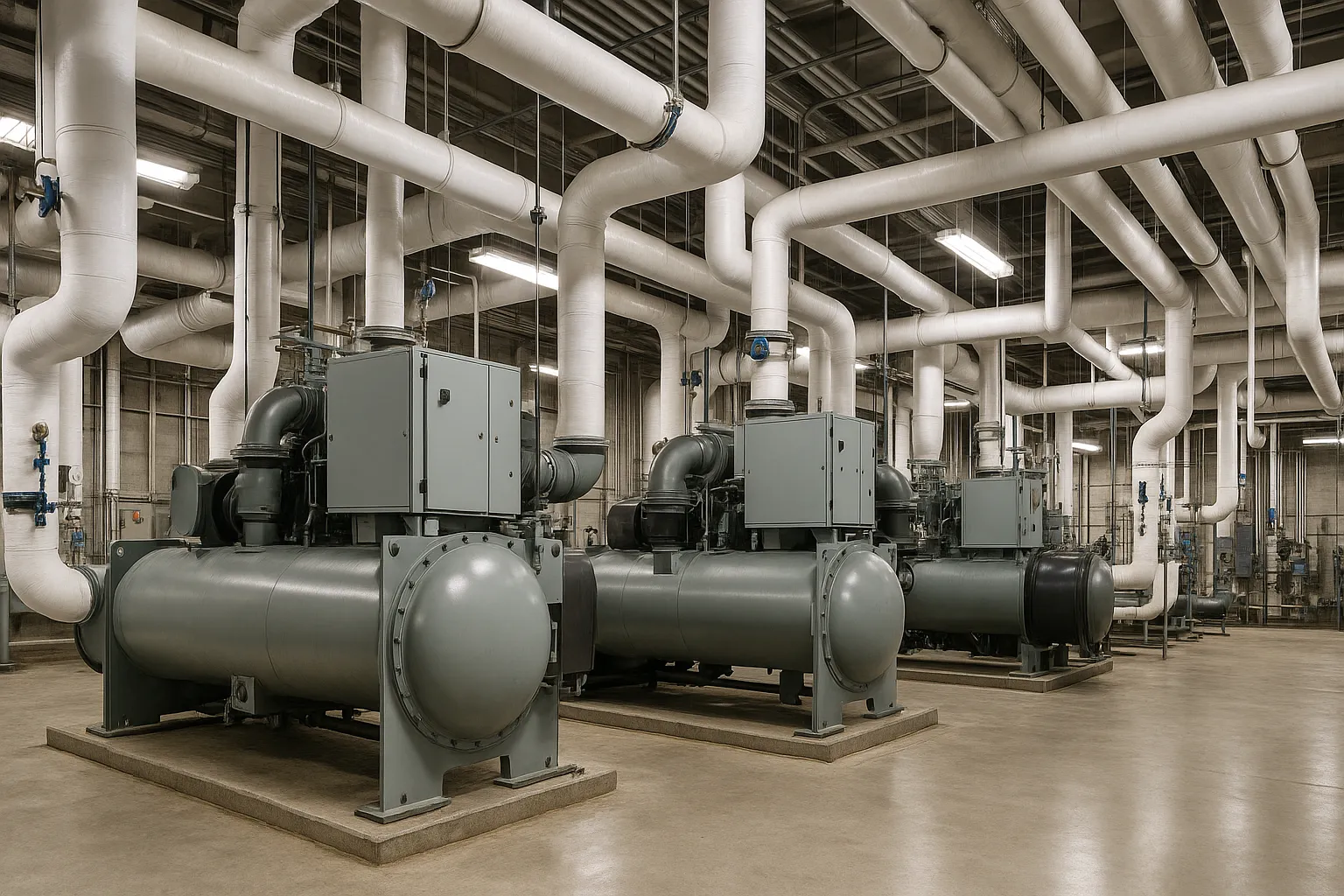 the interior of a commercial mechanical room with large water-cooled chillers and insulated piping — commercial HVAC