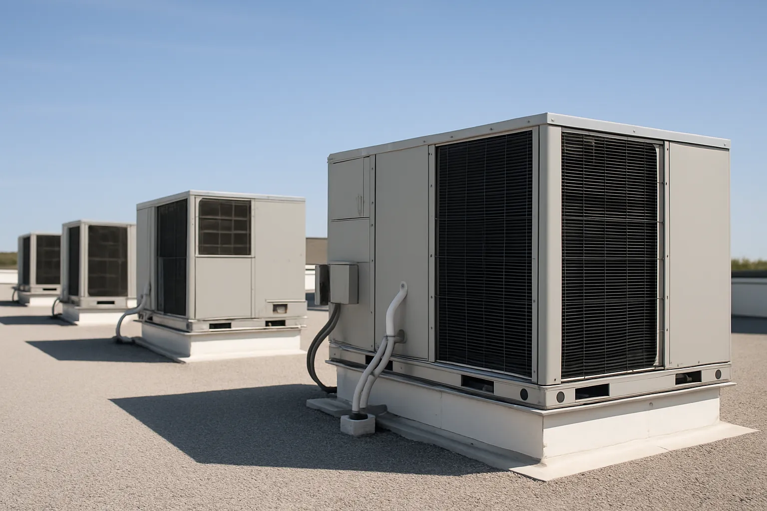 a row of rooftop packaged HVAC units (RTUs) on a flat commercial building roof under a clear sky — commercial HVAC
