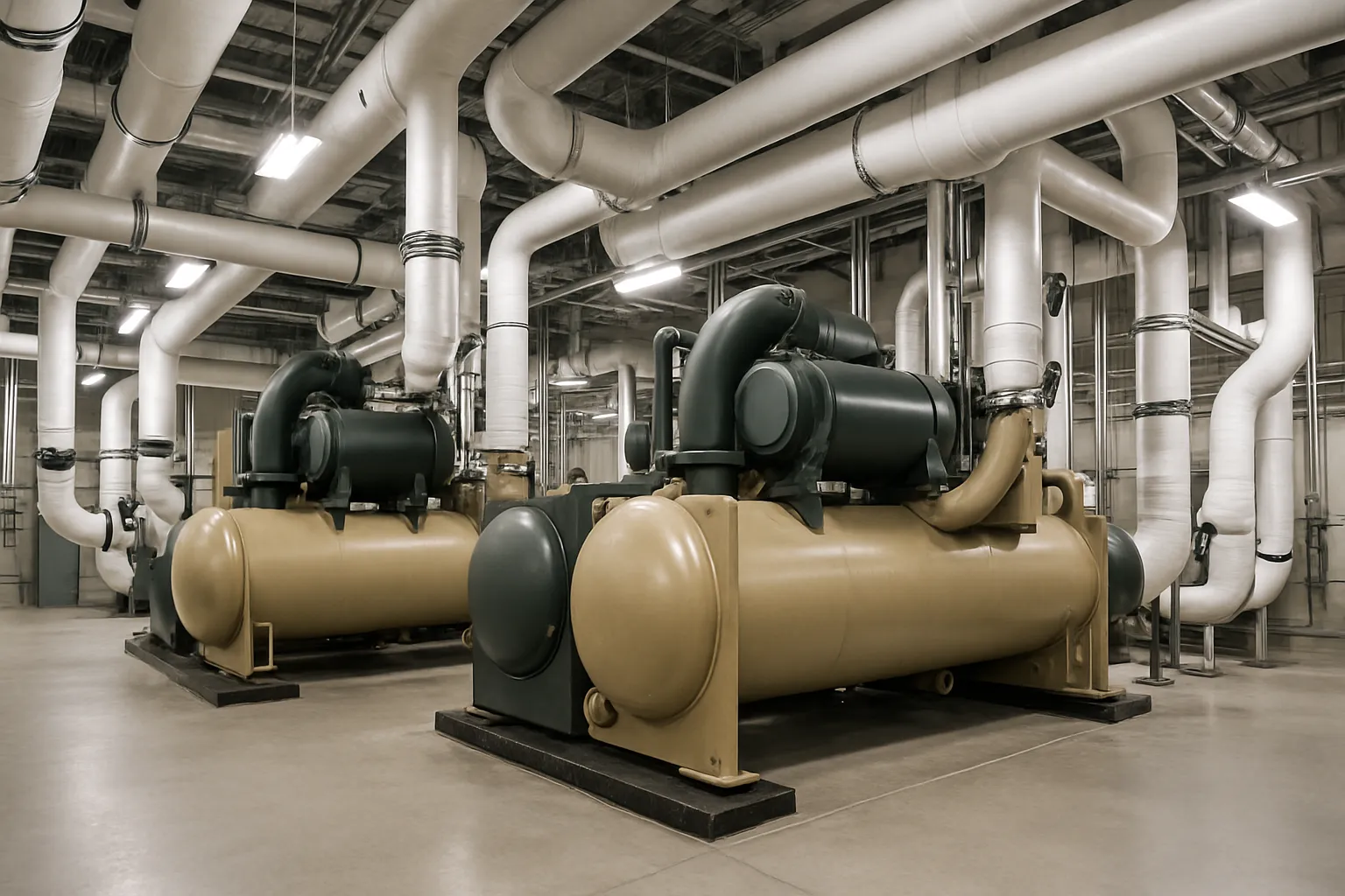the interior of a commercial mechanical room with large water-cooled chillers and insulated piping — commercial HVAC