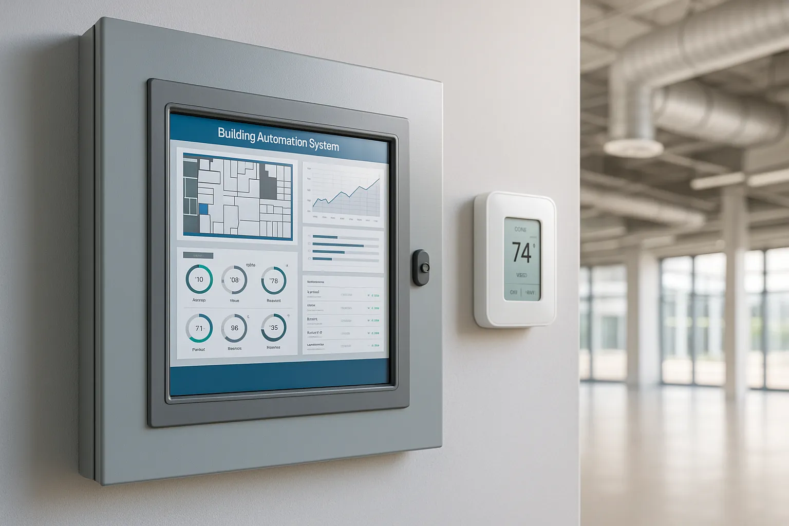 a building automation system control panel and smart HVAC controls in a modern commercial building — commercial HVAC