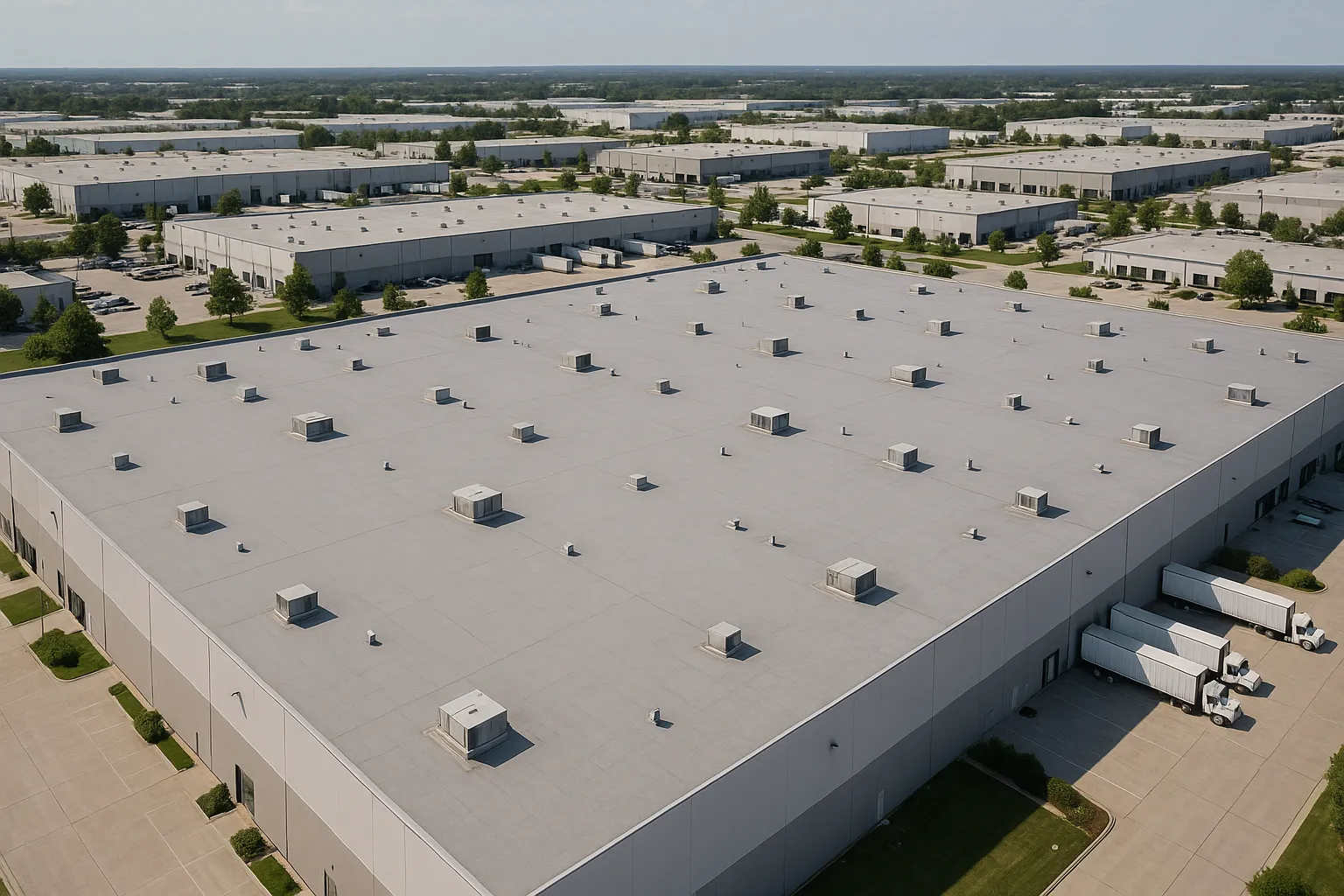 a wide aerial view of an industrial warehouse with an expansive gray flat roof and rooftop HVAC curbs — commercial roofing