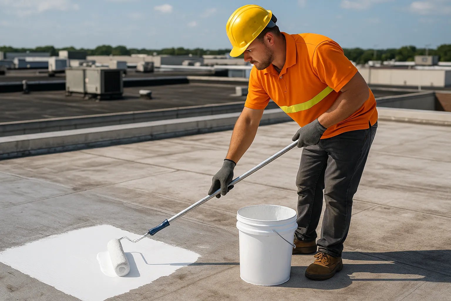 a roofer applying reflective silicone roof coating with a roller on an aging commercial membrane roof — commercial roofing