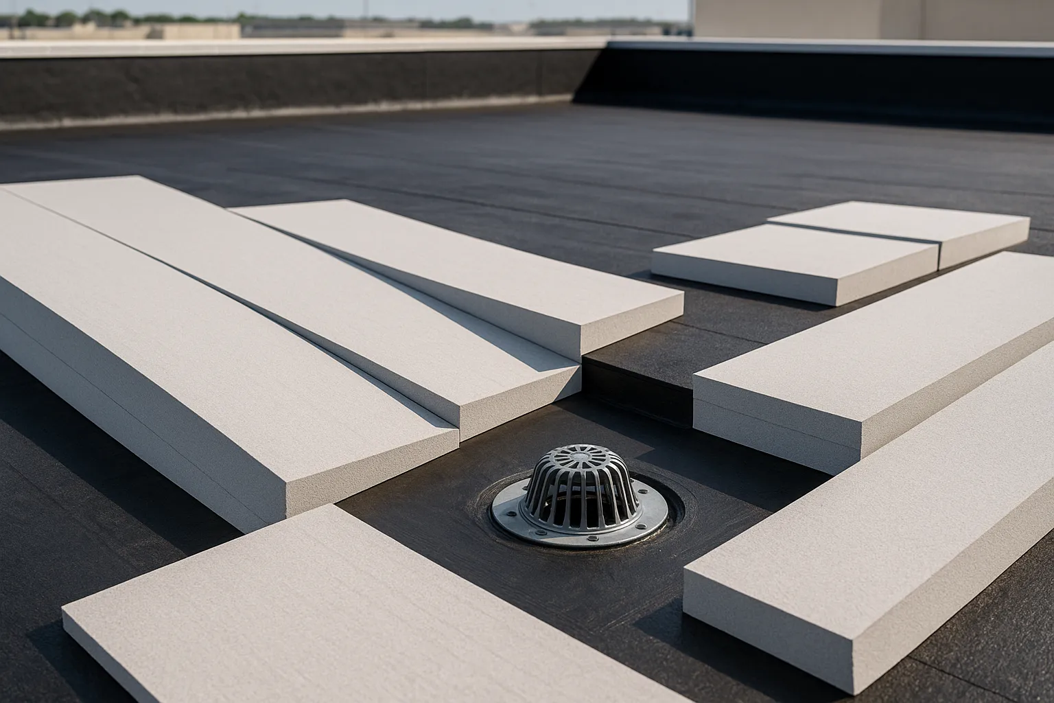 tapered insulation boards and a roof drain being installed on a flat commercial roof deck — commercial roofing