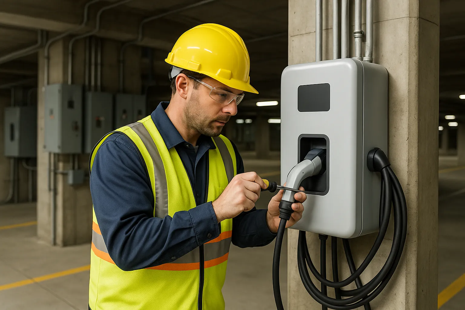 an electrician installing a commercial EV charging station in a parking structure — commercial electrical