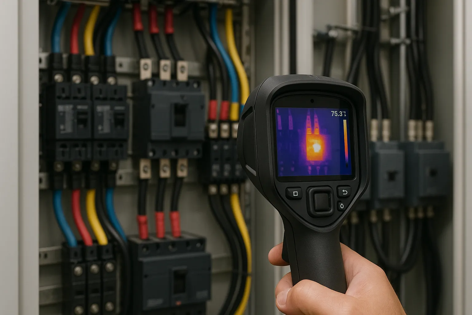 a thermal-imaging camera inspecting a commercial electrical panel for hot spots — commercial electrical