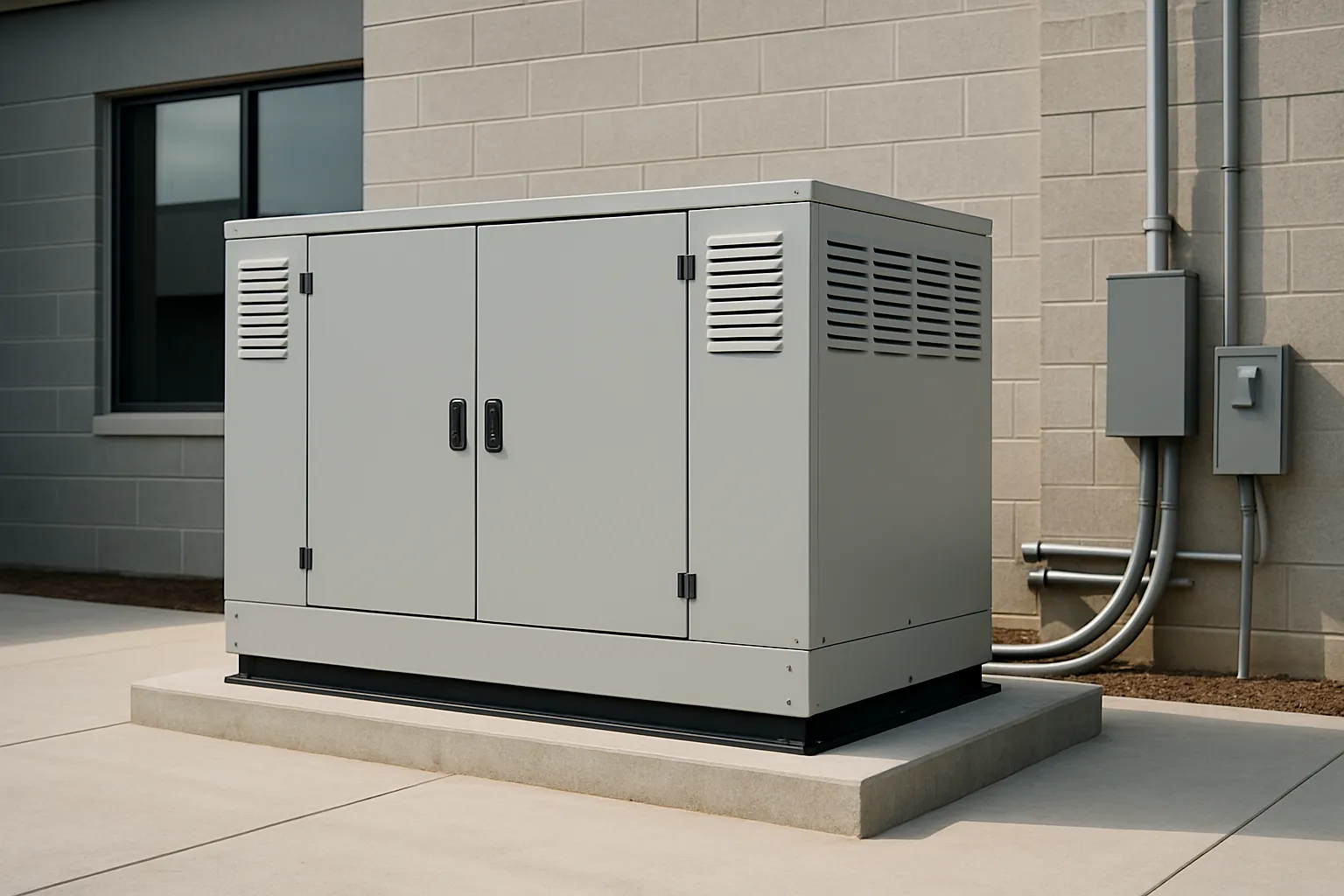 a commercial standby generator unit on a concrete pad outside a facility — commercial electrical