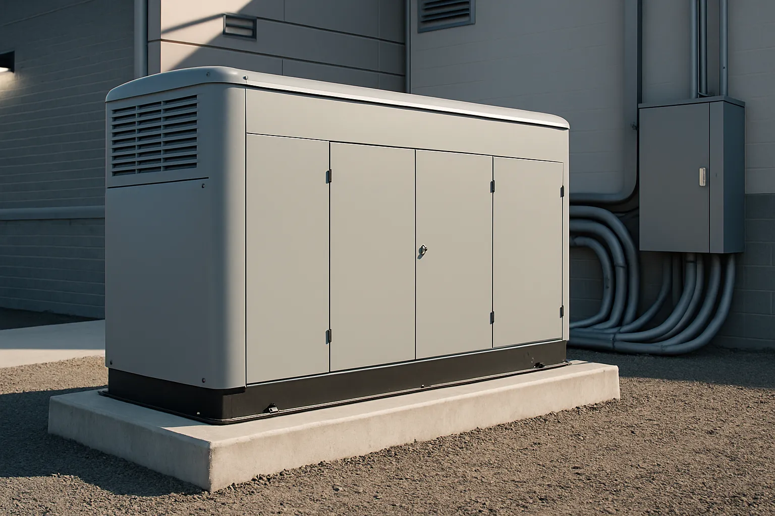 a commercial standby generator unit on a concrete pad outside a facility — commercial electrical