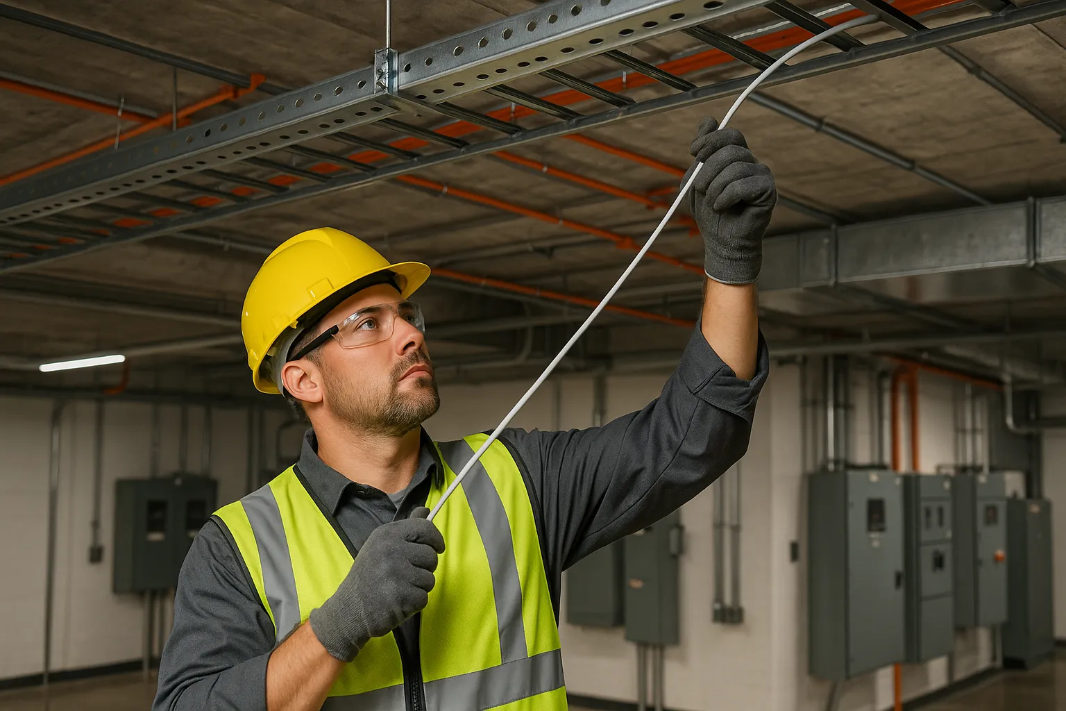 an electrician pulling wire through overhead cable tray in a commercial building — commercial electrical