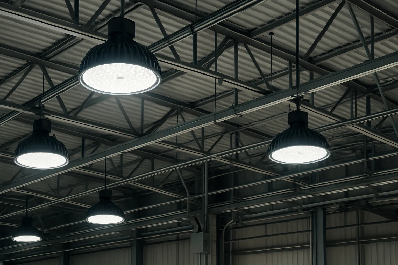 a bank of commercial LED high-bay light fixtures across a warehouse ceiling — commercial electrical
