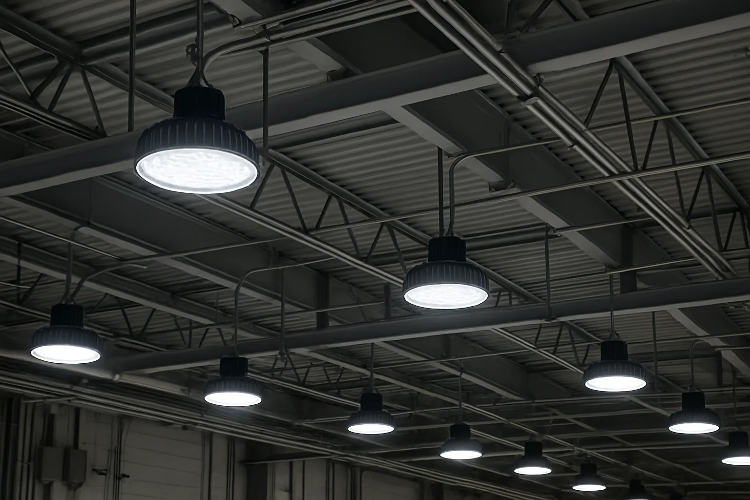 a bank of commercial LED high-bay light fixtures across a warehouse ceiling — commercial electrical