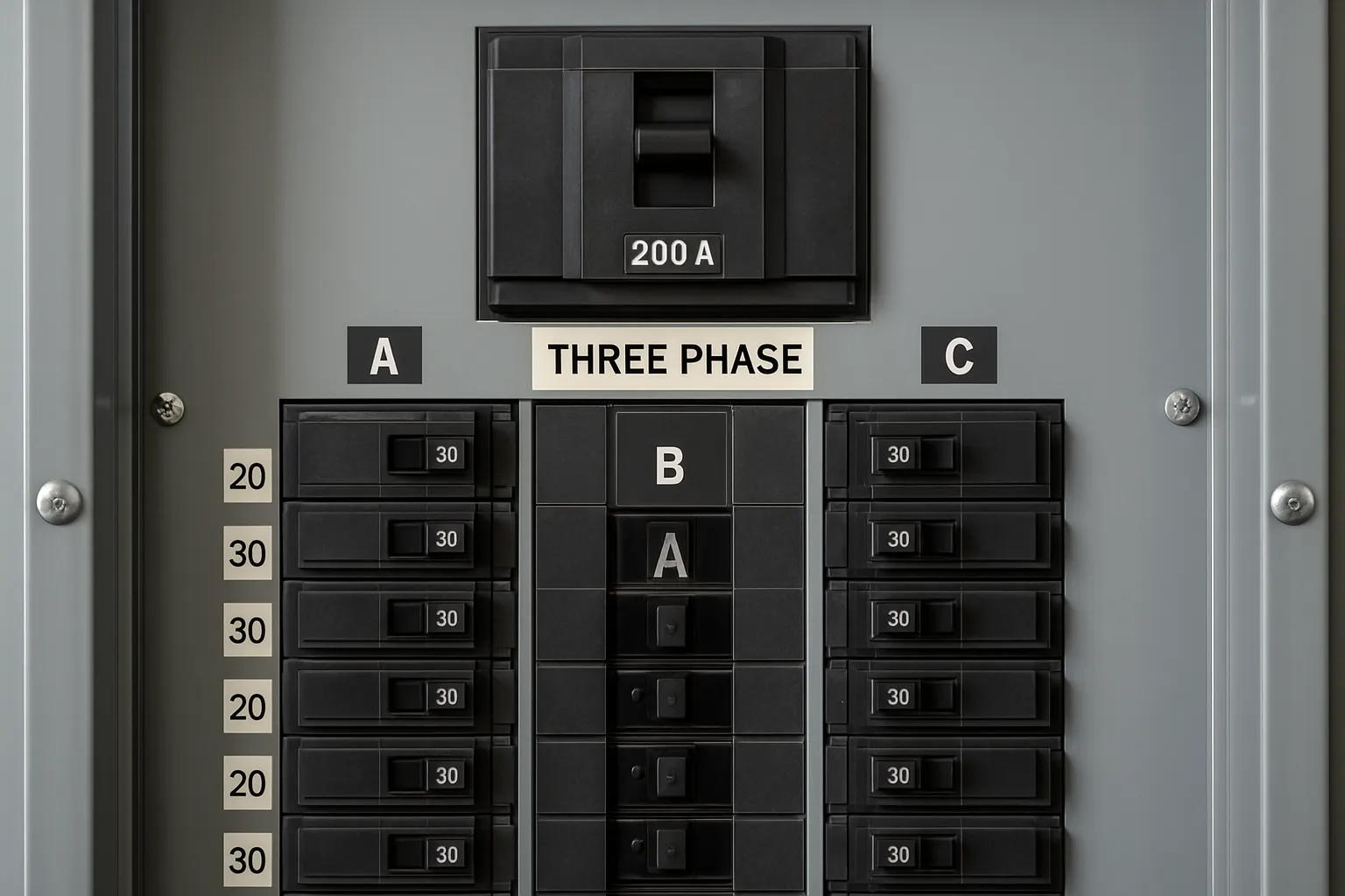 a close-up of a labeled three-phase 200-amp electrical panel with breakers — commercial electrical