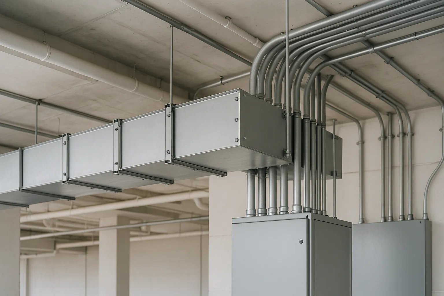 electrical bus duct and conduit running along a commercial building ceiling — commercial electrical