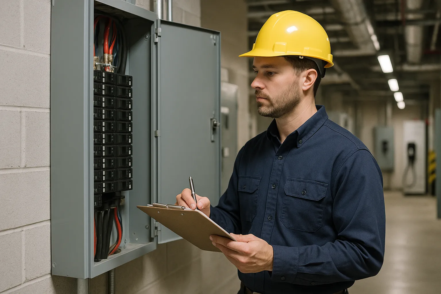 an electrician with a clipboard performing an electrical safety inspection in a mechanical room — commercial electrical