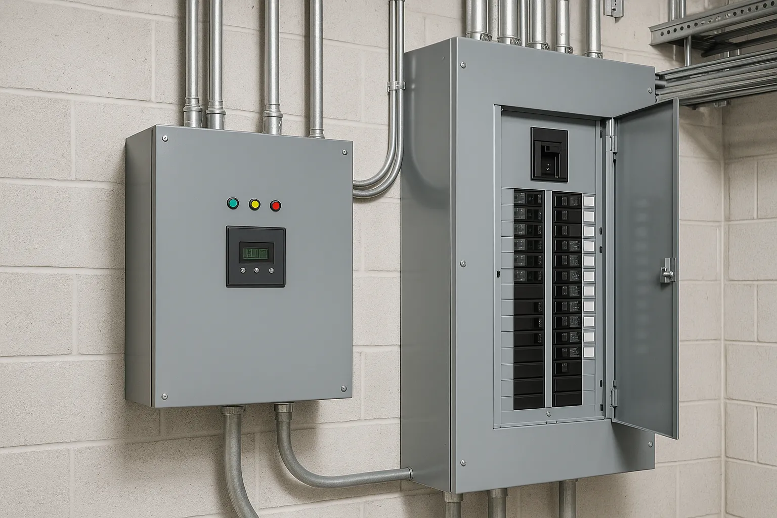 a surge-protection device and transient-voltage panel mounted in a commercial electrical room — commercial electrical