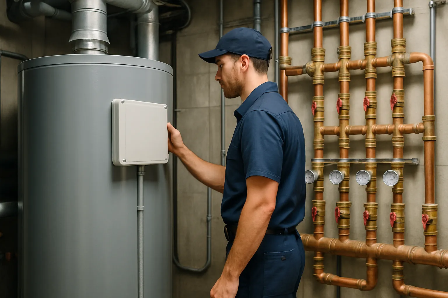 a commercial plumber in uniform inspecting a large boiler and copper supply manifold in a building mechanical room — commercial plumbing