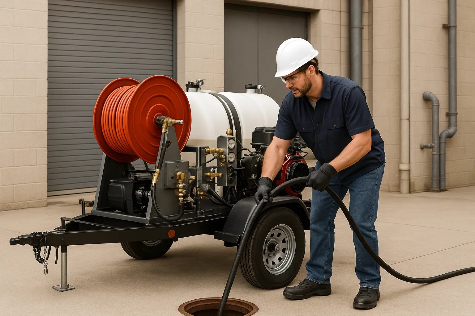 a technician operating a trailer-mounted hydro jetting machine to clean a commercial sewer line — commercial plumbing