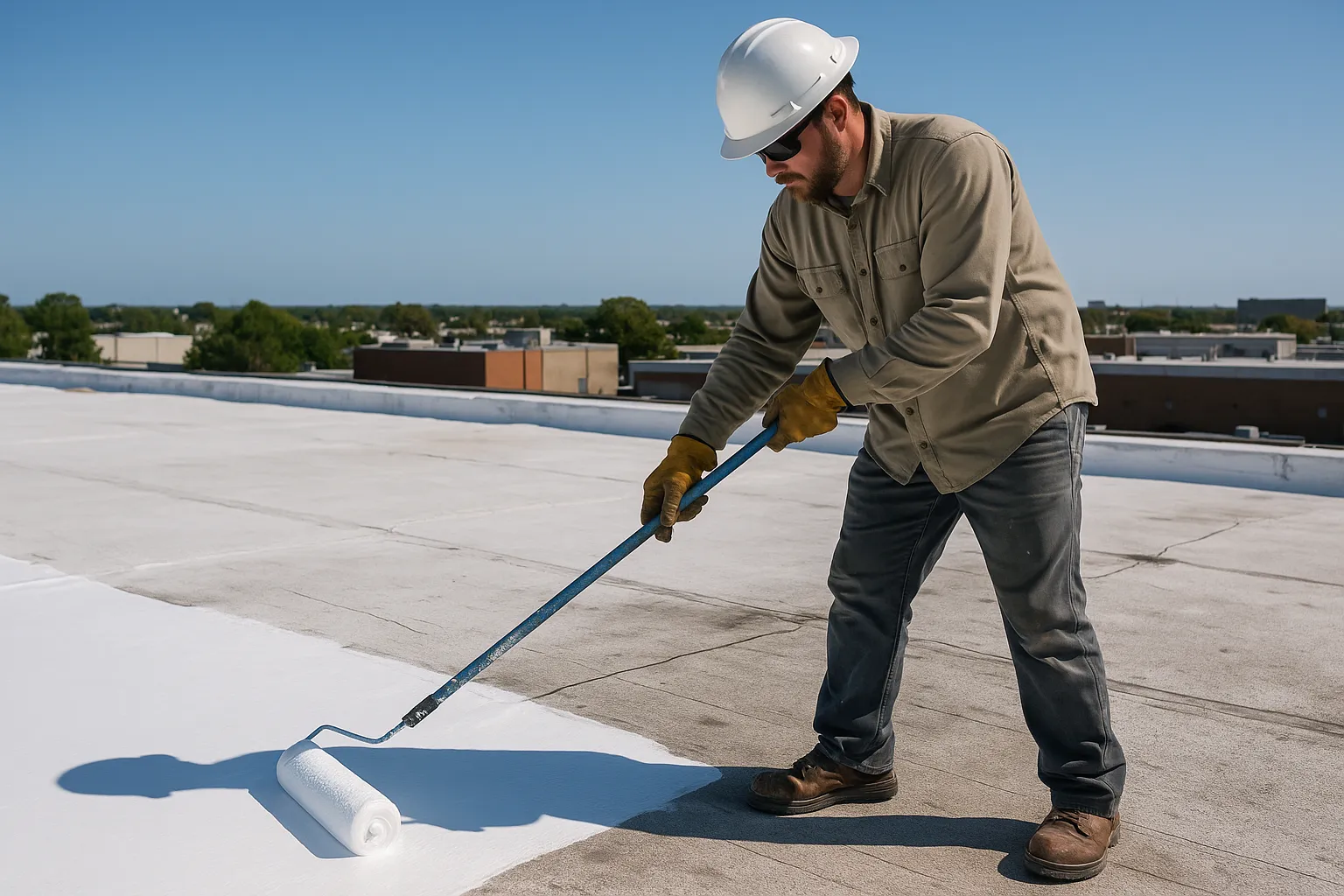 a roofer applying reflective silicone roof coating with a roller on an aging commercial membrane roof — commercial roofing