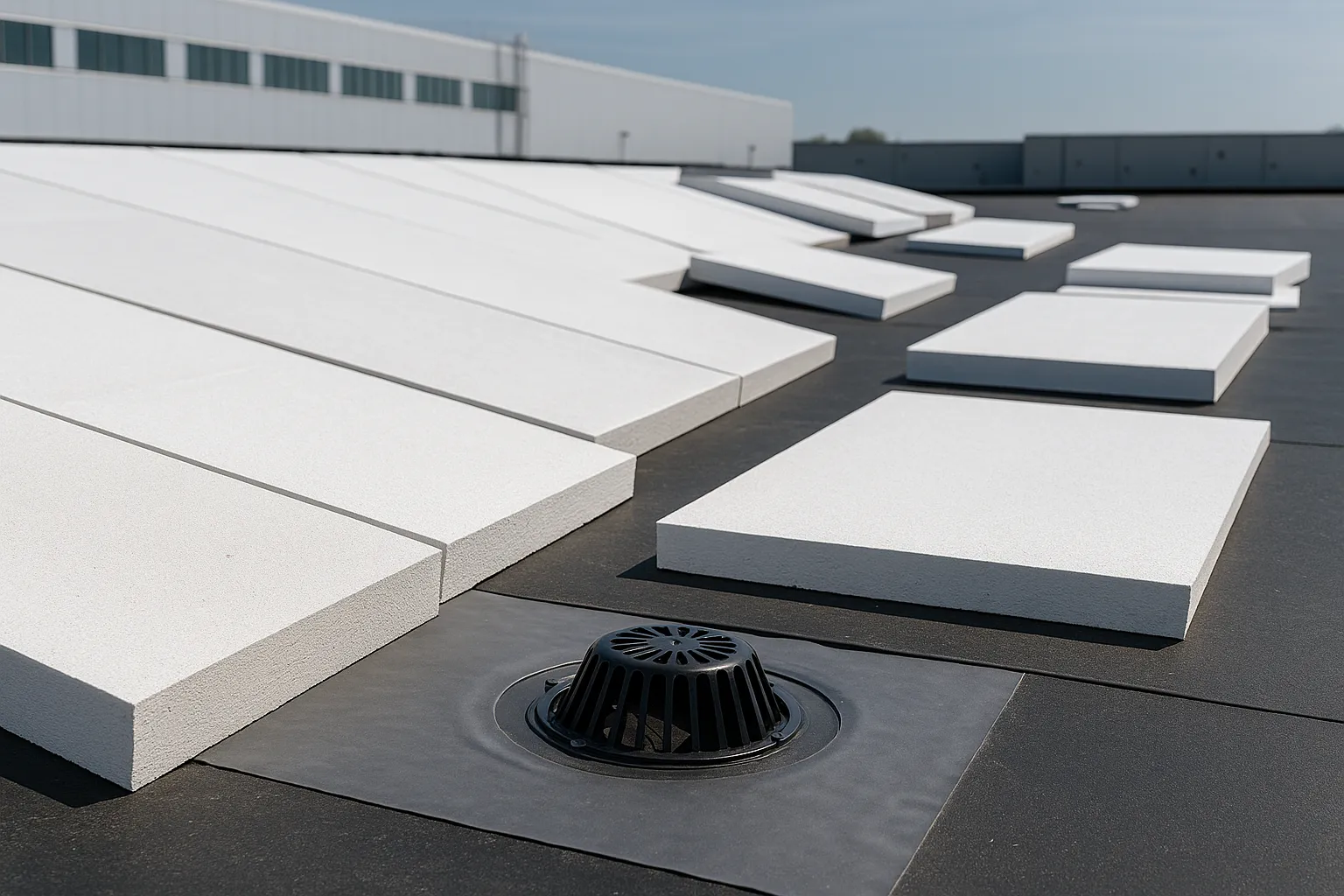 tapered insulation boards and a roof drain being installed on a flat commercial roof deck — commercial roofing