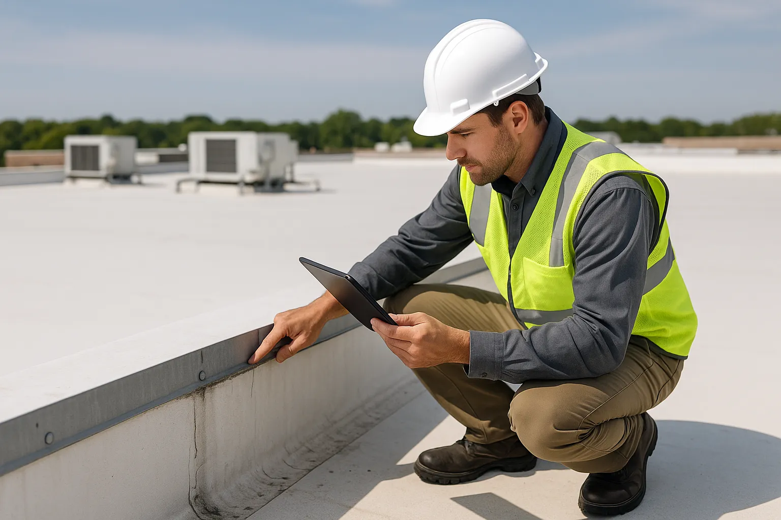 a commercial roof inspector documenting flashing and seam condition with a tablet on a rooftop — commercial roofing
