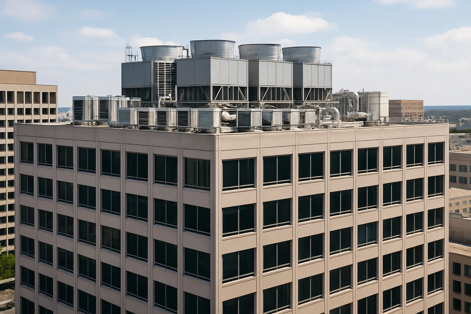 a commercial office tower exterior with visible rooftop HVAC equipment, daytime — commercial HVAC