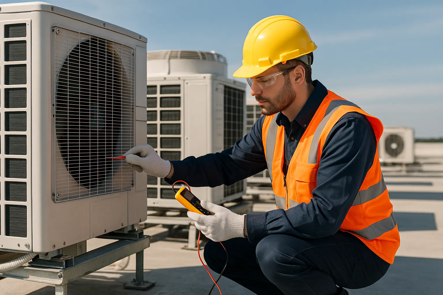 a commercial HVAC service technician in PPE inspecting rooftop condenser units — commercial HVAC