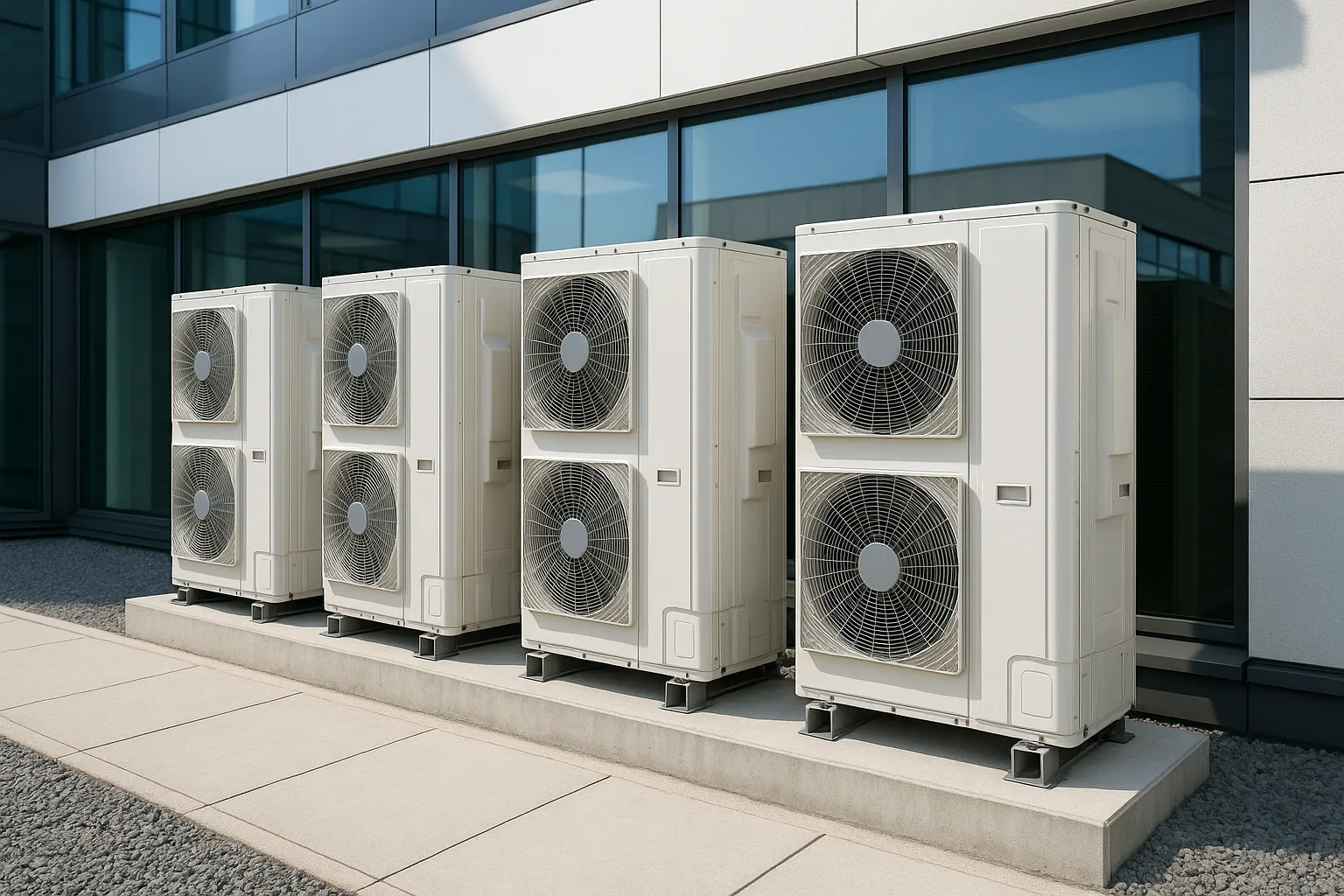 a bank of outdoor VRF/VRV condensing units mounted beside a modern commercial building — commercial HVAC
