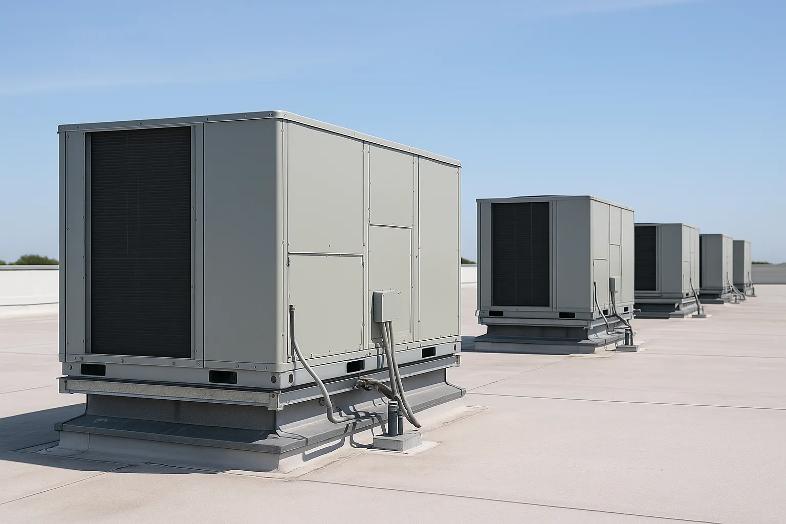 a row of rooftop packaged HVAC units (RTUs) on a flat commercial building roof under a clear sky — commercial HVAC